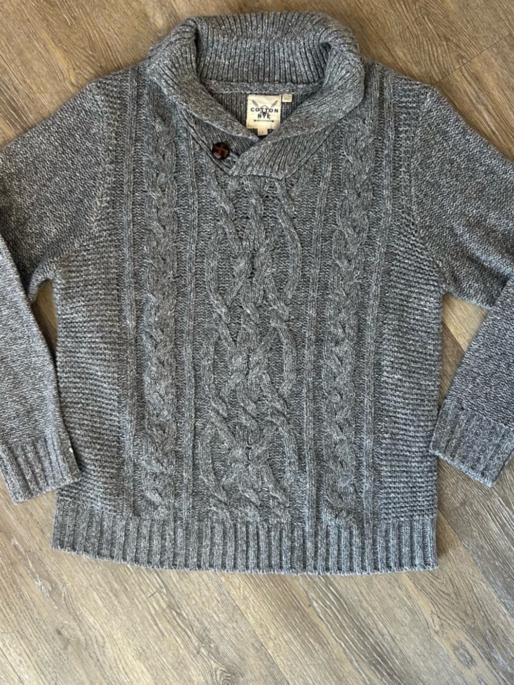 Cotton & Rye Gray Cable-Knit Shawl Collar Sweater